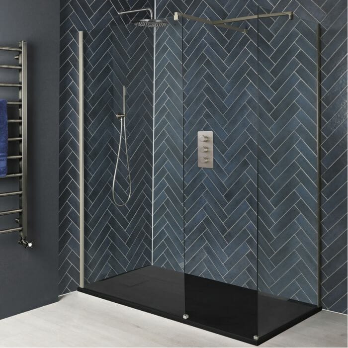 Box Doccia Walk-In Angolare con Piatto Doccia Effetto Pietra - Nichel Spazzolato - Harting