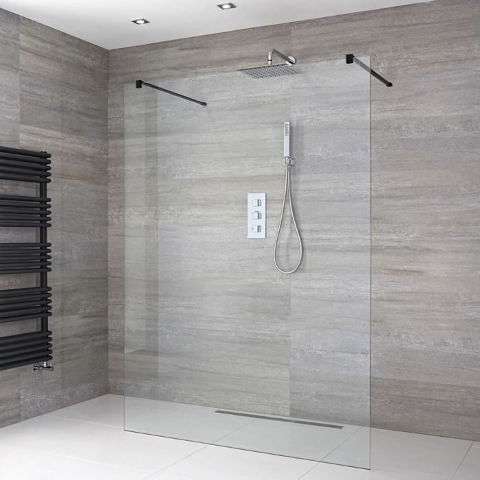 Kit Doccia Walk-In Completo di Parete Doccia Fissa Centrale Aperta con Opzione fra Diverse Canalette e Pareti - Nox