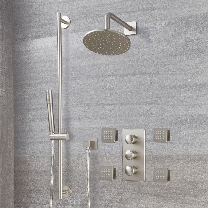 Kit Doccia in Nichel Spazzolato Completo di Miscelatore Doccia Termostatico a 3 Vie con Soffione Doccia Circolare 200mm, Asta Saliscendi e 4 Idrogetti - Aldwick