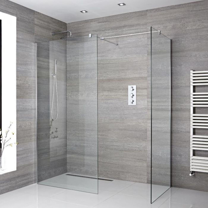 Kit Box Doccia Walk-In Angolare Completo di Parete Doccia Aperta con Opzione fra Diverse Canalette e Pareti - Portland
