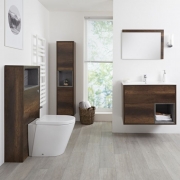 Set Bagno Colore Rovere Scuro Completo di Mobile Lavabo 800mm, Mobile Murale 1500mm, Mobile WC, Specchio, Lavabo, Sanitario e Cassetta - Hoxton