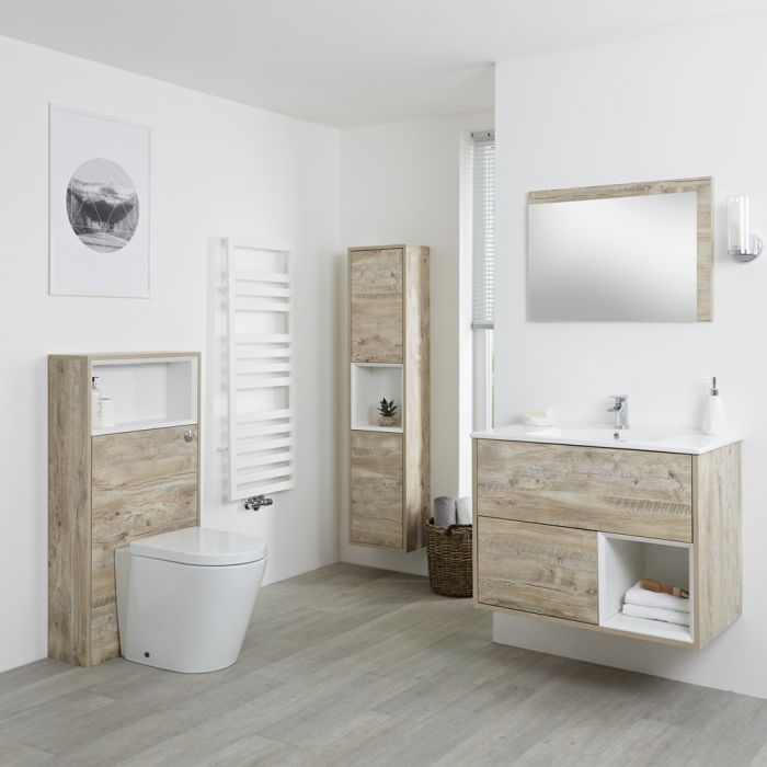 Set Bagno Colore Rovere Chiaro Completo di Mobile Lavabo 800mm, Mobile Murale 1500mm, Mobile WC, Specchio, Lavabo, Sanitario e Cassetta - Hoxton