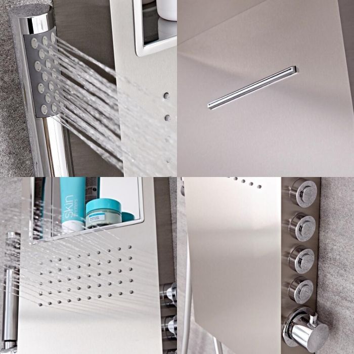 Pannello Doccia Termostatico a 4 Vie con Soffione a Pioggia, Erogatore a Cascata, Idrogetti, Doccetta e Mensola Integrata - Vista