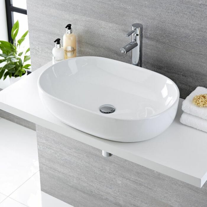 Lavabo da appoggio Lavabo Bagno da Appoggio Ovale 590x425mm in Ceramica con Rubinetto Miscelatore per Lavabo- Otterton
