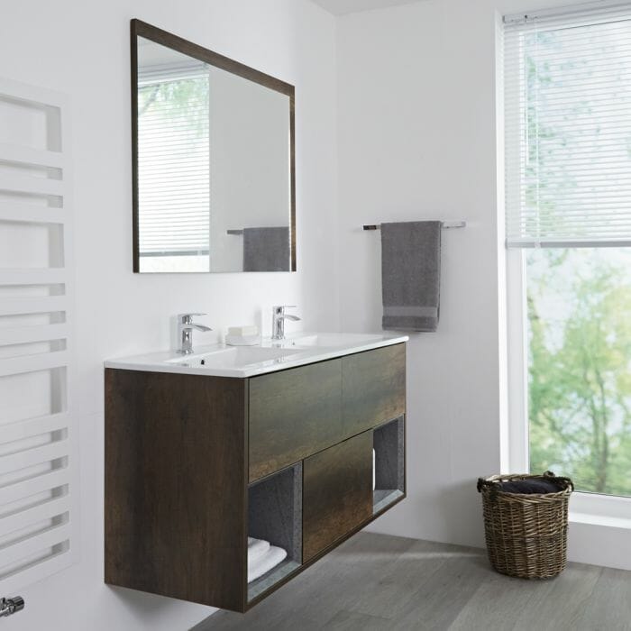 lavabo sospeso nero Mobile Bagno Sospeso da 1200mm in Rovere Scuro con 2 x Lavabi - Hoxton