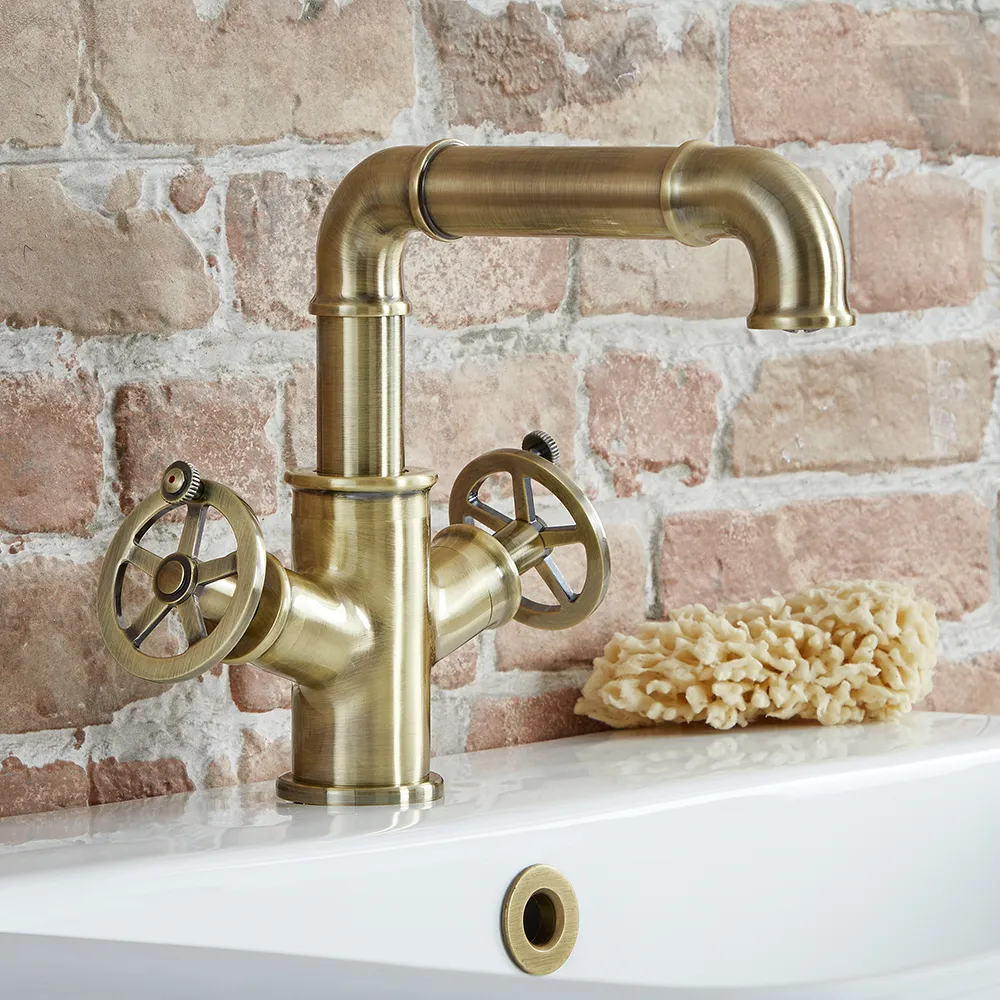 MIscelatore Tradizionale a Tre Fori Oro Miscelatore per Lavabo Monoforo in Stile Industriale - Zandra