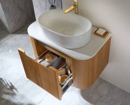 Mobile Bagno Curvo Scanalato Sospeso in Rovere